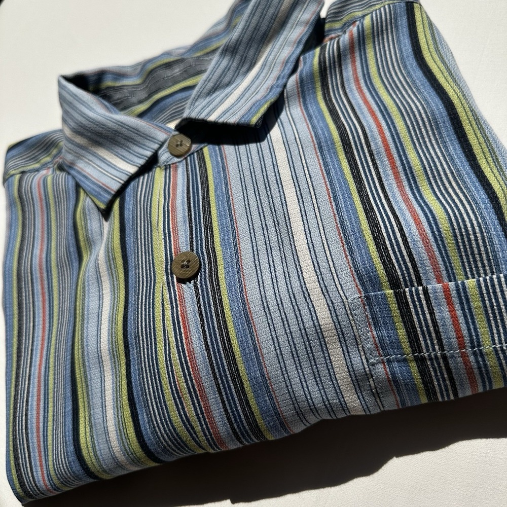 Mens Tommy Bahama Mens Silk Camp Style Hawaiian Beach Shirt Blue Stripes Large